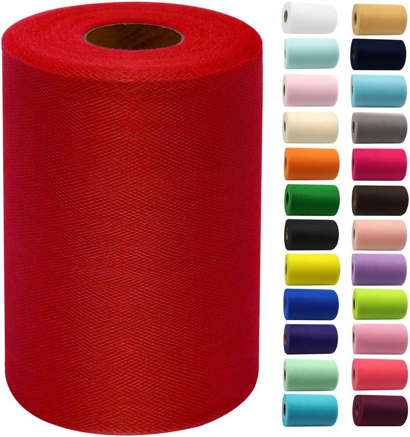 IONTACH Red Tulle Fabric Rolls 6 Inch by 100 Yards (300 feet) Fabric Spool Tulle Ribbon for Christmas Gift Wrapping DIY Tutu Bow Baby Shower Birthday Party Wedding Decorations Craft Supplies - Image 1
